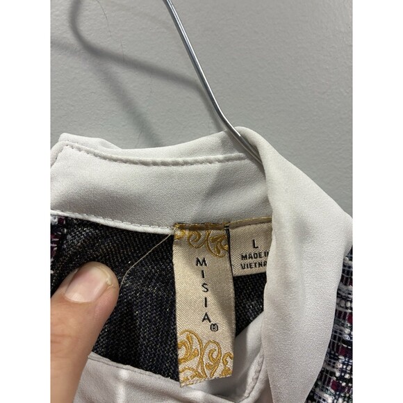 Misia L Tweed Blouse Layered Look Top White Collar Contrast Hem Short Sleeve - Picture 5 of 5